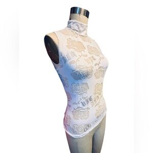 Vintage Y2K Versace Couture Jeans Sheer White Stretch Floral Burnout Top S